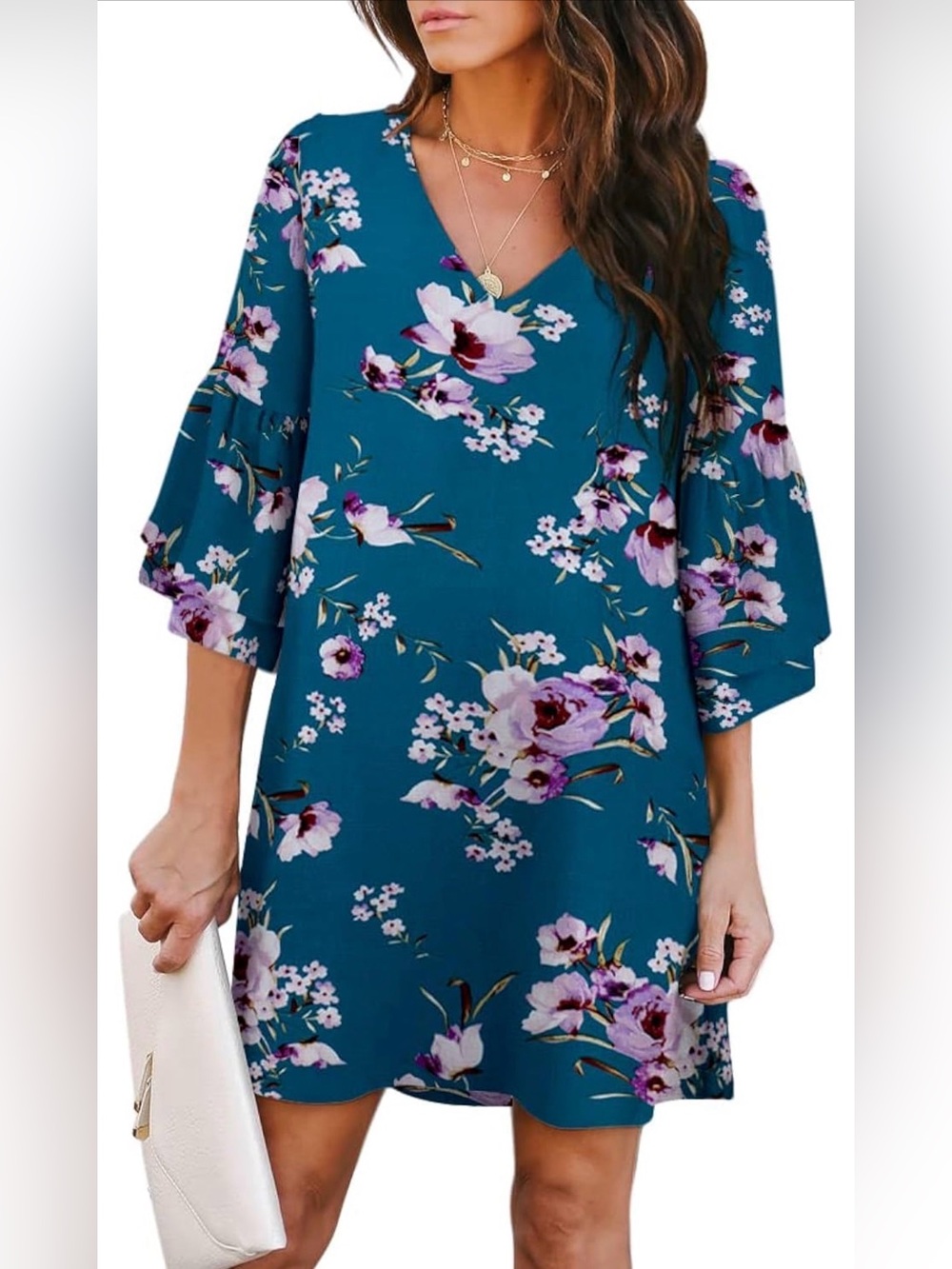 Belongsci - Teal Floral V-Neck Midi Dress with Ruffle Sleeves